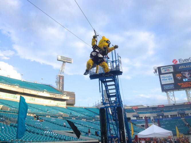 Football Mascot using the mobile zipline rental